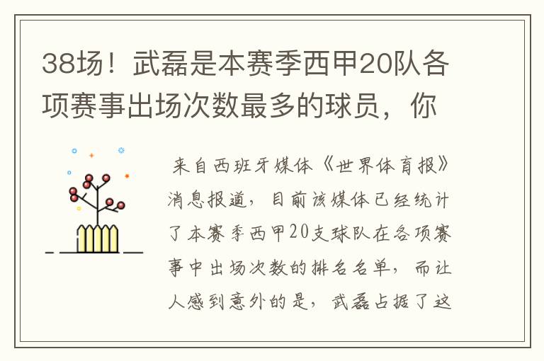 38场！武磊是本赛季西甲20队各项赛事出场次数最多的球员，你怎么看？