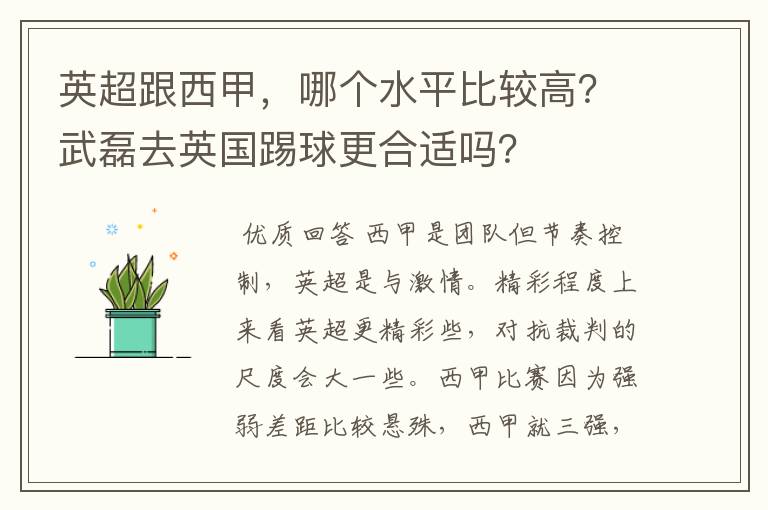 英超跟西甲，哪个水平比较高？武磊去英国踢球更合适吗？