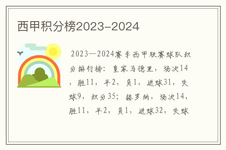 西甲积分榜2023-2024