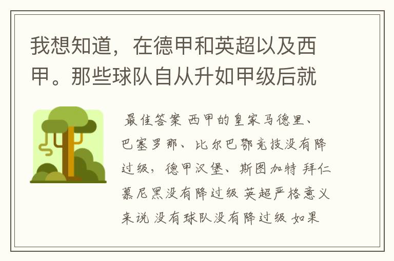 我想知道，在德甲和英超以及西甲。那些球队自从升如甲级后就从没有降过级？