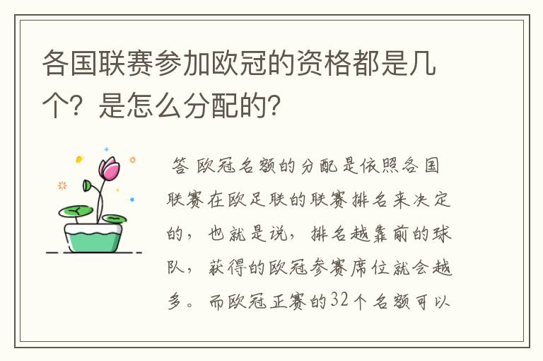 各国联赛参加欧冠的资格都是几个？是怎么分配的？