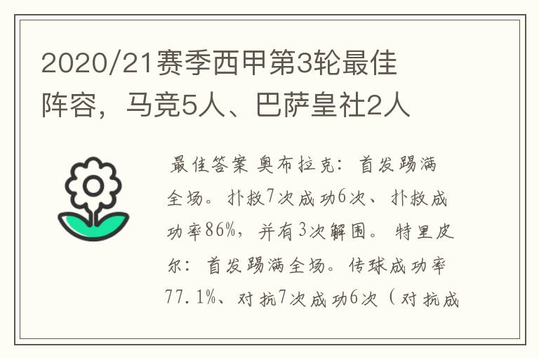 2020/21赛季西甲第3轮最佳阵容，马竞5人、巴萨皇社2人