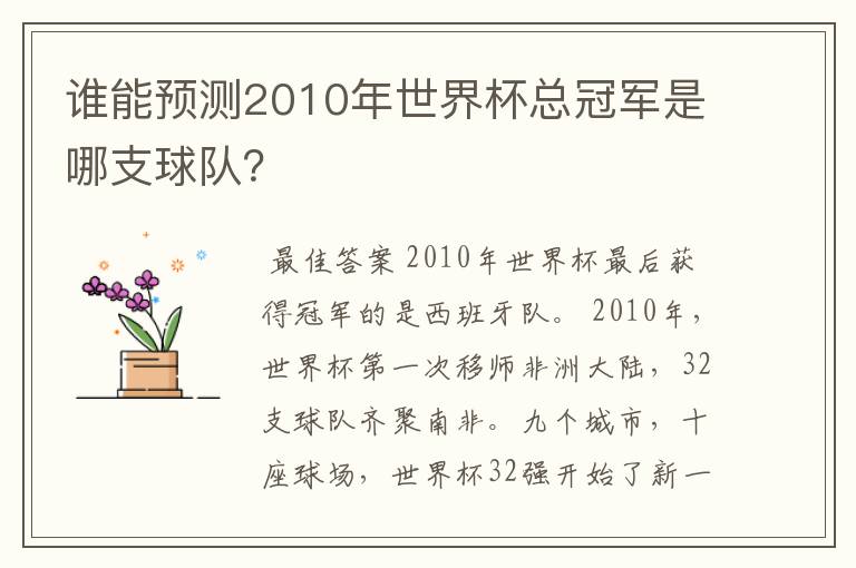 谁能预测2010年世界杯总冠军是哪支球队？