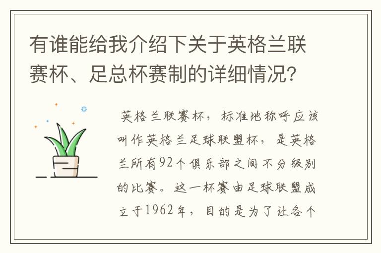 有谁能给我介绍下关于英格兰联赛杯、足总杯赛制的详细情况？