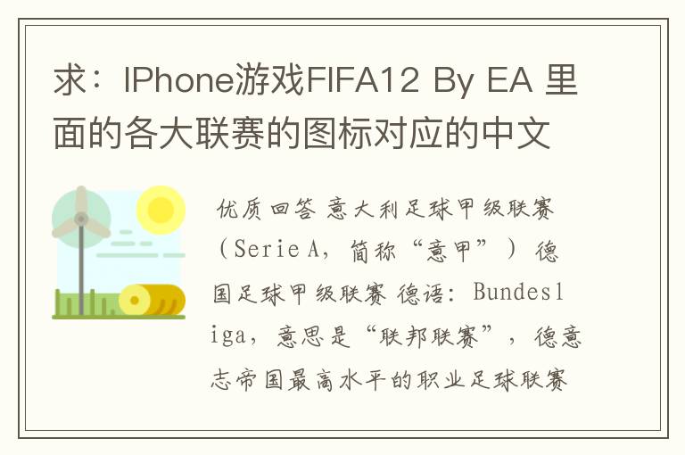 求：IPhone游戏FIFA12 By EA 里面的各大联赛的图标对应的中文名称 例如：Liga BBVA 西甲