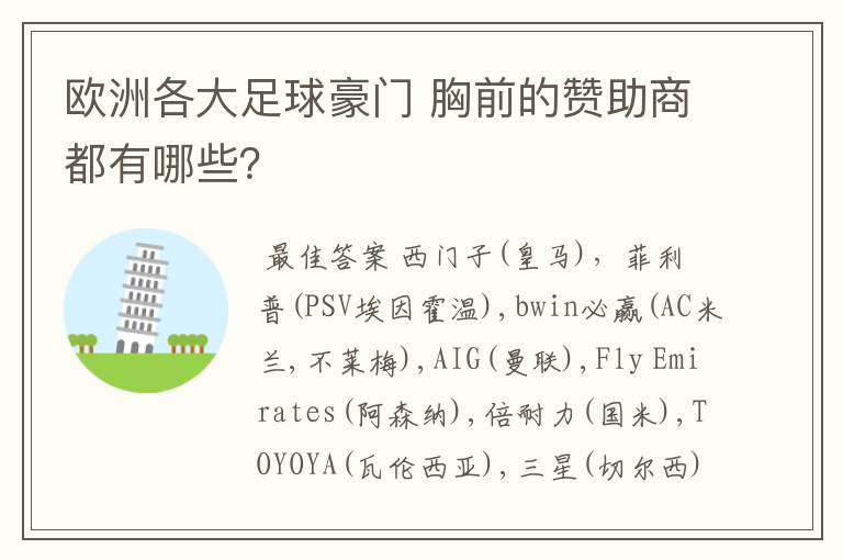 欧洲各大足球豪门 胸前的赞助商都有哪些？