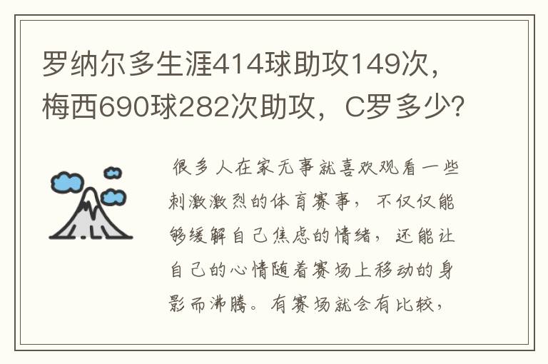 罗纳尔多生涯414球助攻149次，梅西690球282次助攻，C罗多少？