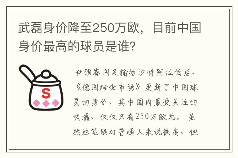 武磊身价降至250万欧，目前中国身价最高的球员是谁？