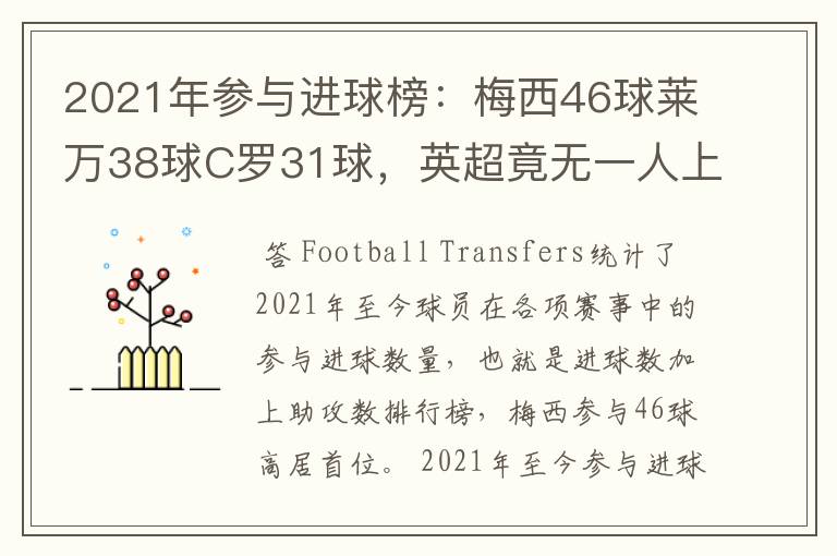 2021年参与进球榜：梅西46球莱万38球C罗31球，英超竟无一人上榜