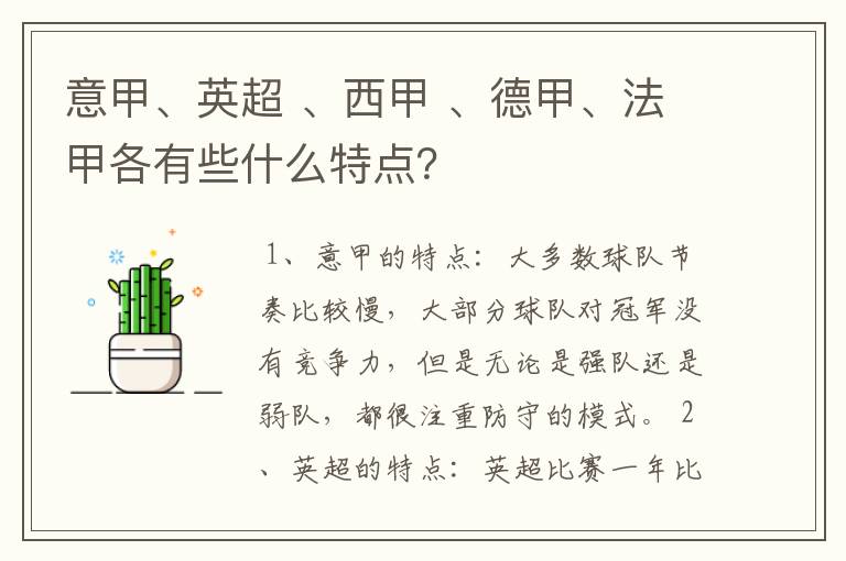 意甲、英超 、西甲 、德甲、法甲各有些什么特点？