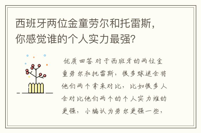 西班牙两位金童劳尔和托雷斯，你感觉谁的个人实力最强？