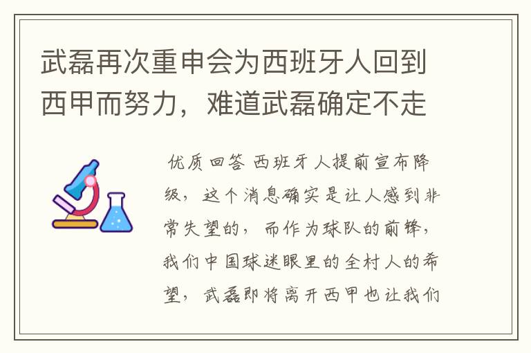 武磊再次重申会为西班牙人回到西甲而努力，难道武磊确定不走了？