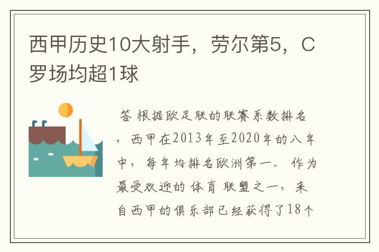 西甲历史10大射手，劳尔第5，C罗场均超1球