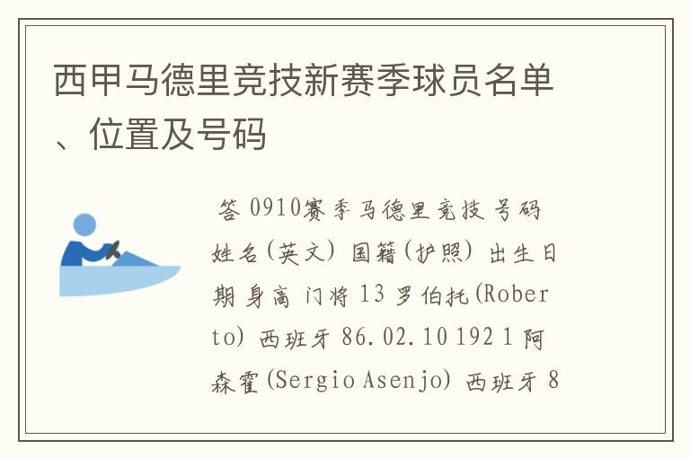 西甲马德里竞技新赛季球员名单、位置及号码