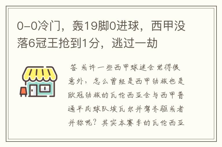 0-0冷门，轰19脚0进球，西甲没落6冠王抢到1分，逃过一劫