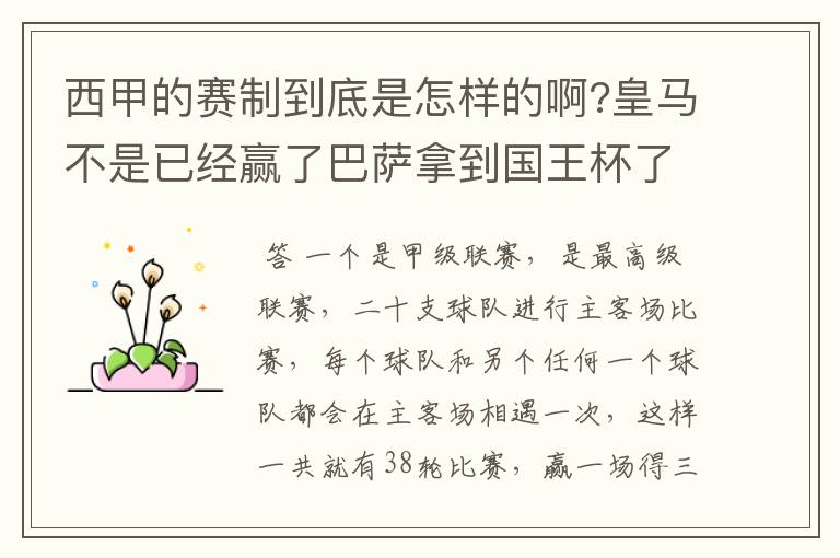 西甲的赛制到底是怎样的啊?皇马不是已经赢了巴萨拿到国王杯了吗?为什么还有比赛啊