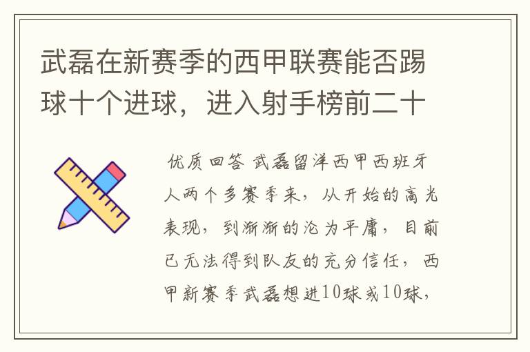 武磊在新赛季的西甲联赛能否踢球十个进球，进入射手榜前二十？