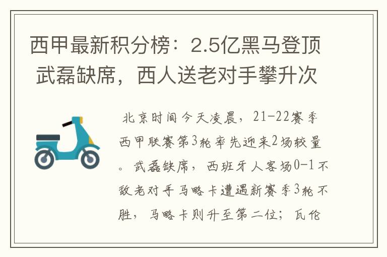 西甲最新积分榜：2.5亿黑马登顶 武磊缺席，西人送老对手攀升次席