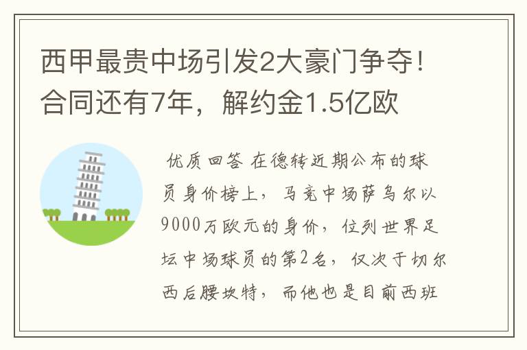 西甲最贵中场引发2大豪门争夺！合同还有7年，解约金1.5亿欧