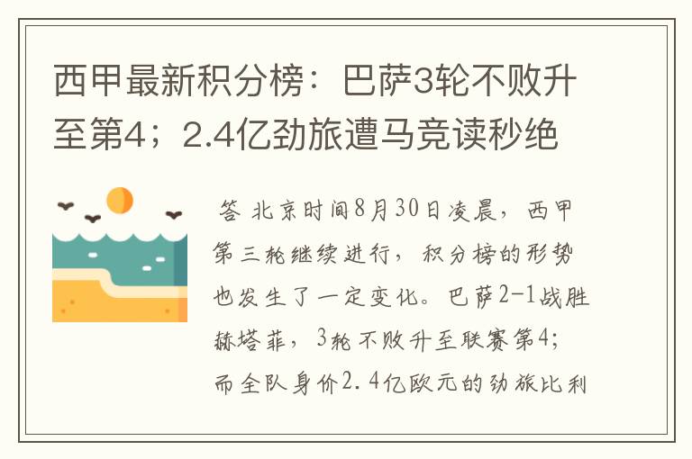 西甲最新积分榜：巴萨3轮不败升至第4；2.4亿劲旅遭马竞读秒绝平