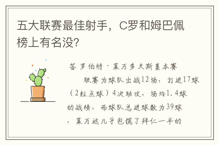 五大联赛最佳射手，C罗和姆巴佩榜上有名没？