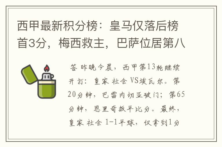 西甲最新积分榜：皇马仅落后榜首3分，梅西救主，巴萨位居第八