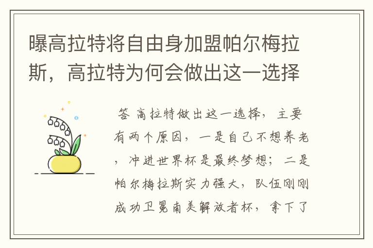 曝高拉特将自由身加盟帕尔梅拉斯，高拉特为何会做出这一选择？