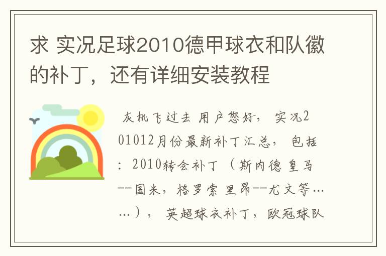 求 实况足球2010德甲球衣和队徽的补丁，还有详细安装教程