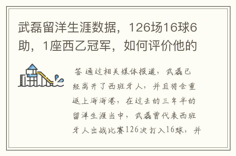 武磊留洋生涯数据，126场16球6助，1座西乙冠军，如何评价他的表现？