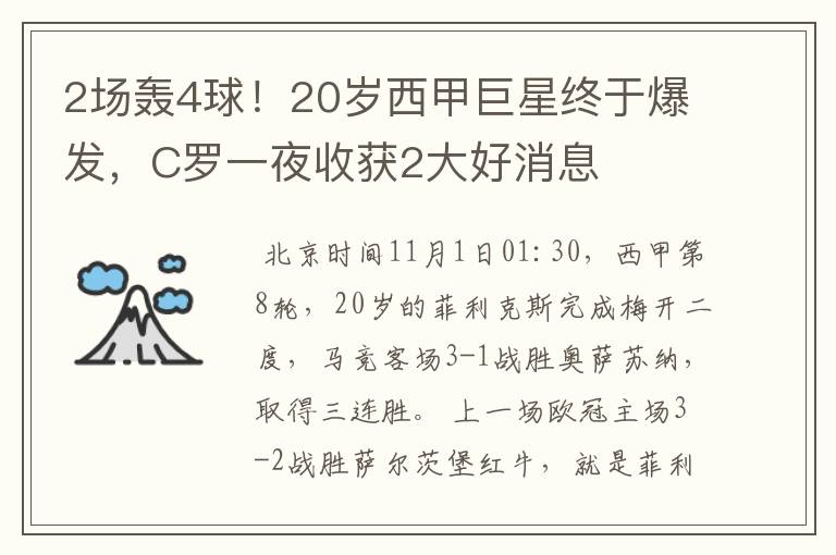 2场轰4球！20岁西甲巨星终于爆发，C罗一夜收获2大好消息