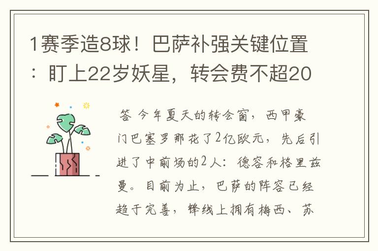 1赛季造8球！巴萨补强关键位置：盯上22岁妖星，转会费不超2000万