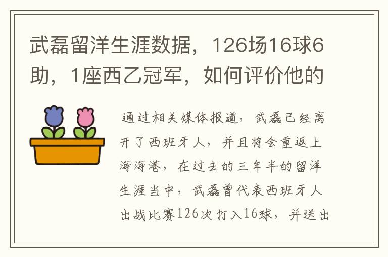 武磊留洋生涯数据，126场16球6助，1座西乙冠军，如何评价他的表现？