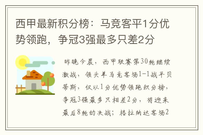 西甲最新积分榜：马竞客平1分优势领跑，争冠3强最多只差2分