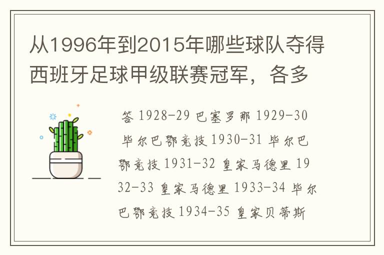 从1996年到2015年哪些球队夺得西班牙足球甲级联赛冠军，各多少次