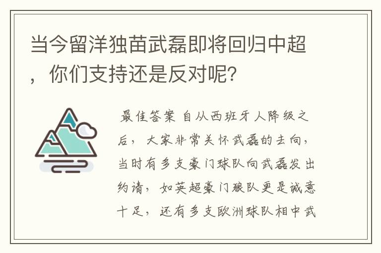 当今留洋独苗武磊即将回归中超，你们支持还是反对呢？