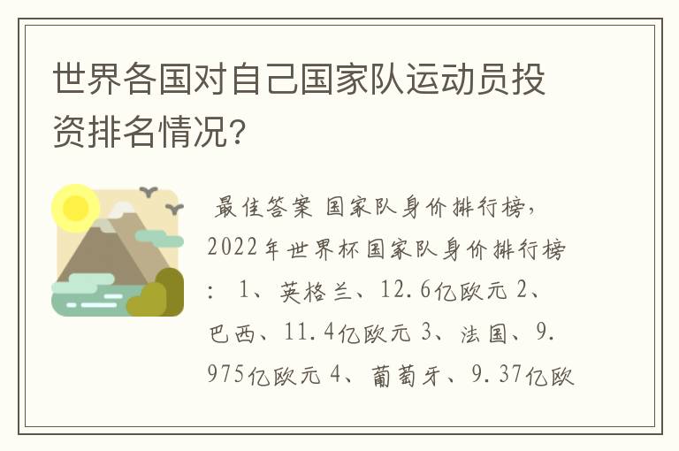 世界各国对自己国家队运动员投资排名情况?