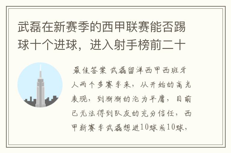 武磊在新赛季的西甲联赛能否踢球十个进球，进入射手榜前二十？