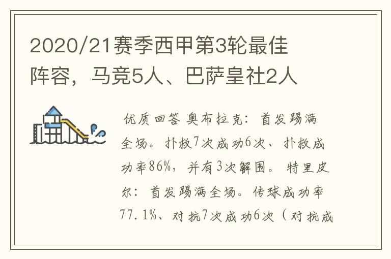 2020/21赛季西甲第3轮最佳阵容，马竞5人、巴萨皇社2人