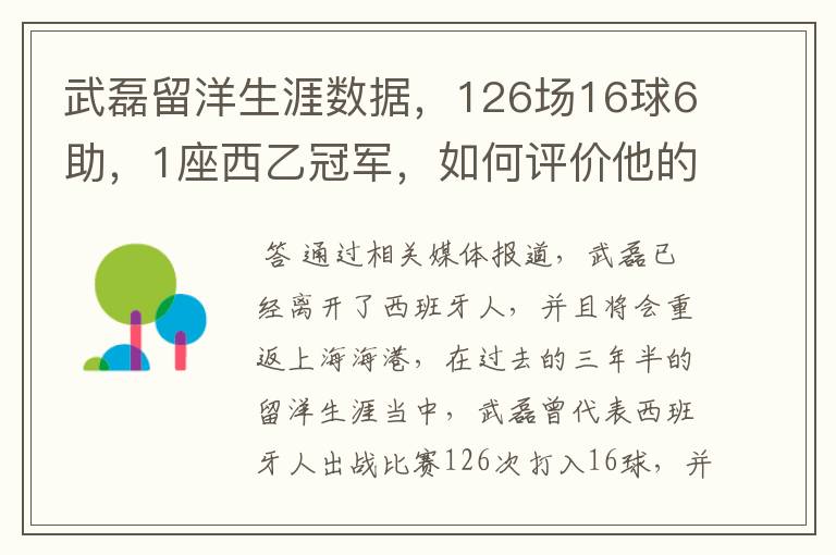 武磊留洋生涯数据，126场16球6助，1座西乙冠军，如何评价他的表现？