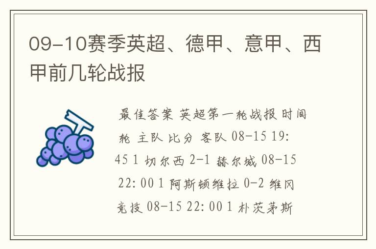 09-10赛季英超、德甲、意甲、西甲前几轮战报