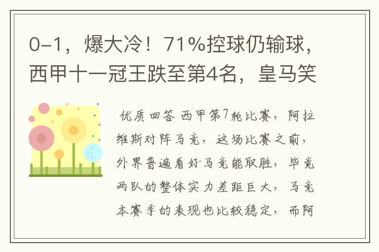 0-1，爆大冷！71%控球仍输球，西甲十一冠王跌至第4名，皇马笑了