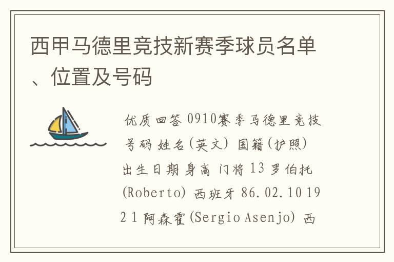 西甲马德里竞技新赛季球员名单、位置及号码