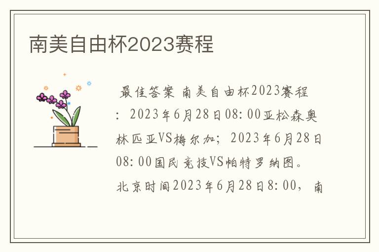 南美自由杯2023赛程