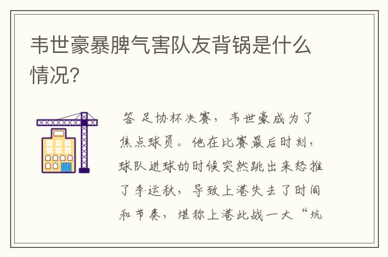 韦世豪暴脾气害队友背锅是什么情况？