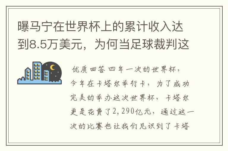 曝马宁在世界杯上的累计收入达到8.5万美元，为何当足球裁判这么赚钱？