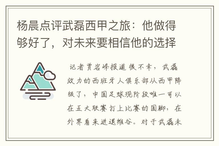 杨晨点评武磊西甲之旅：他做得够好了，对未来要相信他的选择