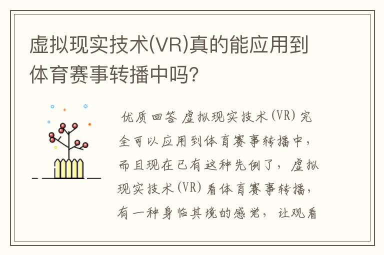 虚拟现实技术(VR)真的能应用到体育赛事转播中吗？