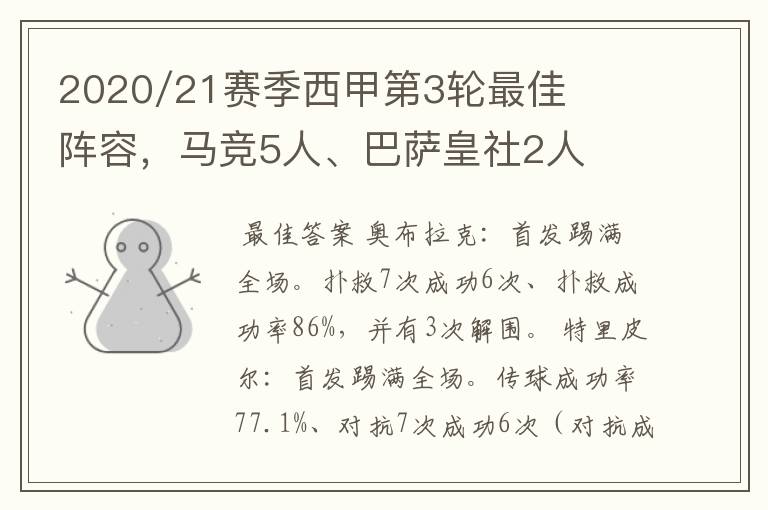 2020/21赛季西甲第3轮最佳阵容，马竞5人、巴萨皇社2人