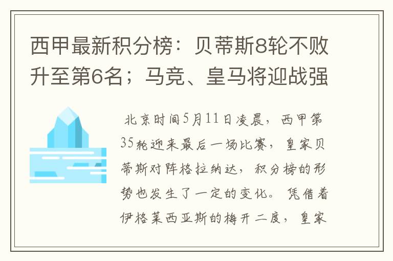 西甲最新积分榜：贝蒂斯8轮不败升至第6名；马竞、皇马将迎战强敌