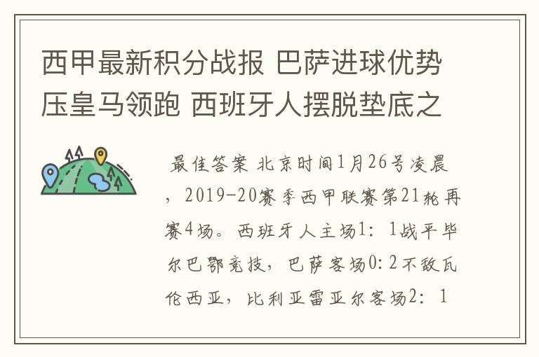 西甲最新积分战报 巴萨进球优势压皇马领跑 西班牙人摆脱垫底之位